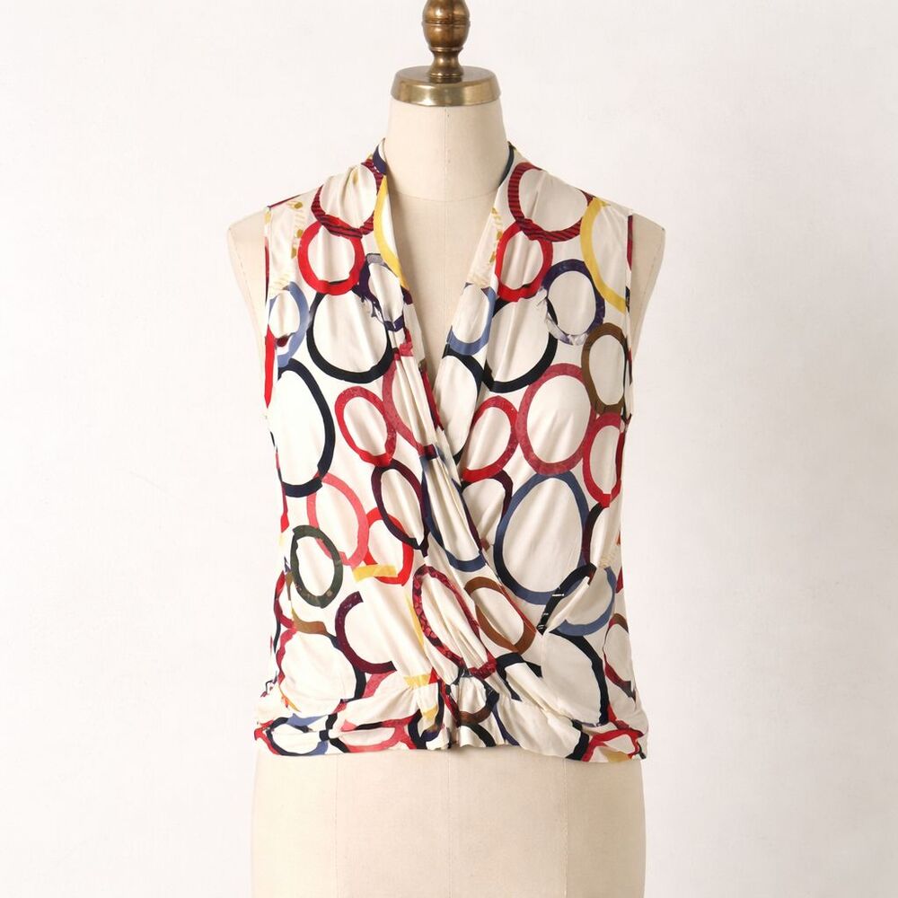 Zero + Maria Cornejo Cream Sleeveless Wrap Blouse with Multicolor Circle Print